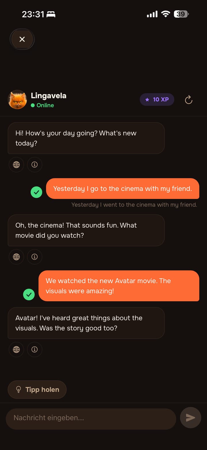 Chat mit dem KI-Tutor von Lingavela: freies Sprechtraining
