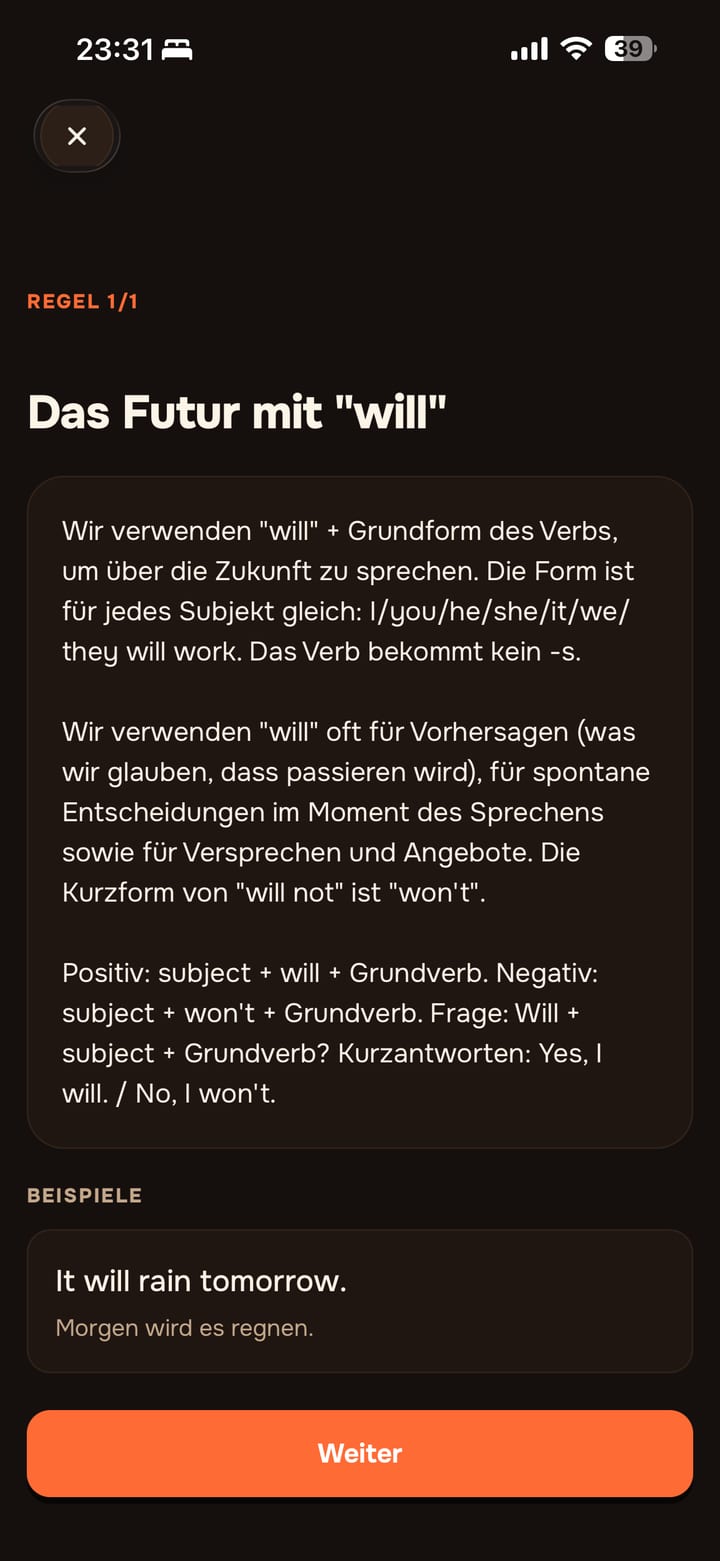 Grammatiklektion in Lingavela: die Regel erklärt, mit Übung