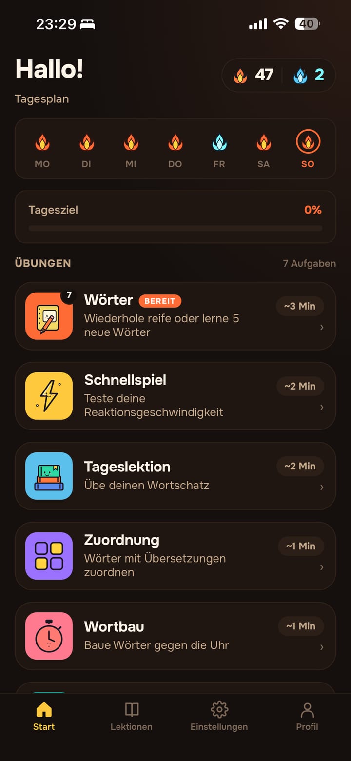 Startbildschirm von Lingavela: Tagesplan, Streak und die Übungen des Tages