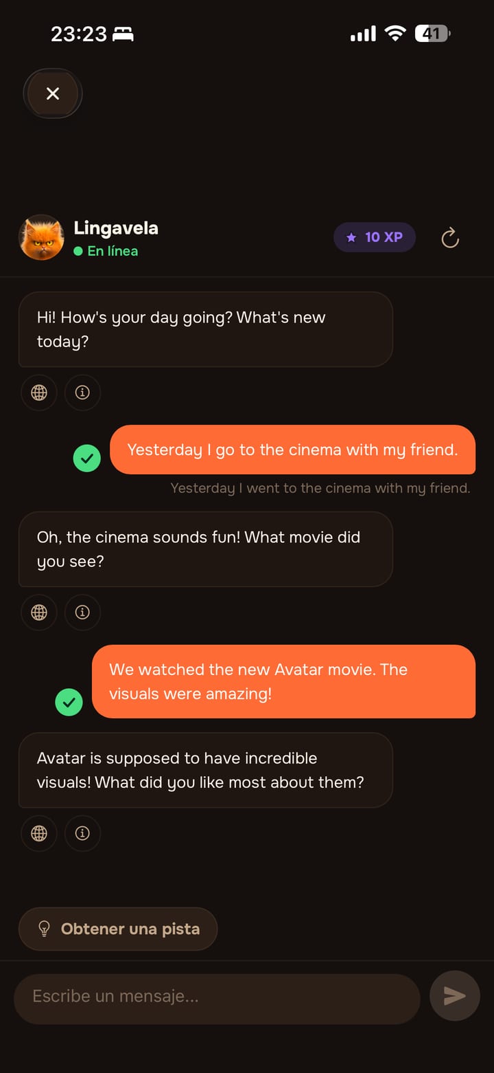 Chat con el tutor de IA de Lingavela: práctica de conversación libre