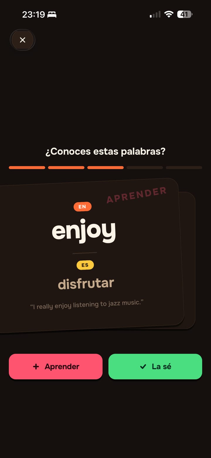 Tarjeta de palabra en Lingavela: «¿Conoces estas palabras?», con Aprender y La sé