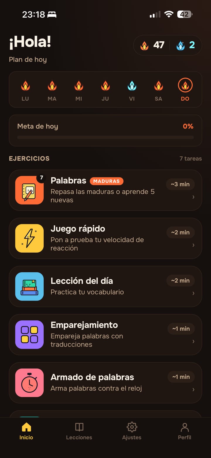 Pantalla de inicio de Lingavela: el plan de hoy, la racha y los ejercicios del día