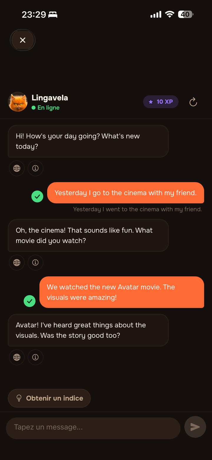 Discussion avec le tuteur IA de Lingavela : pratique libre de la conversation