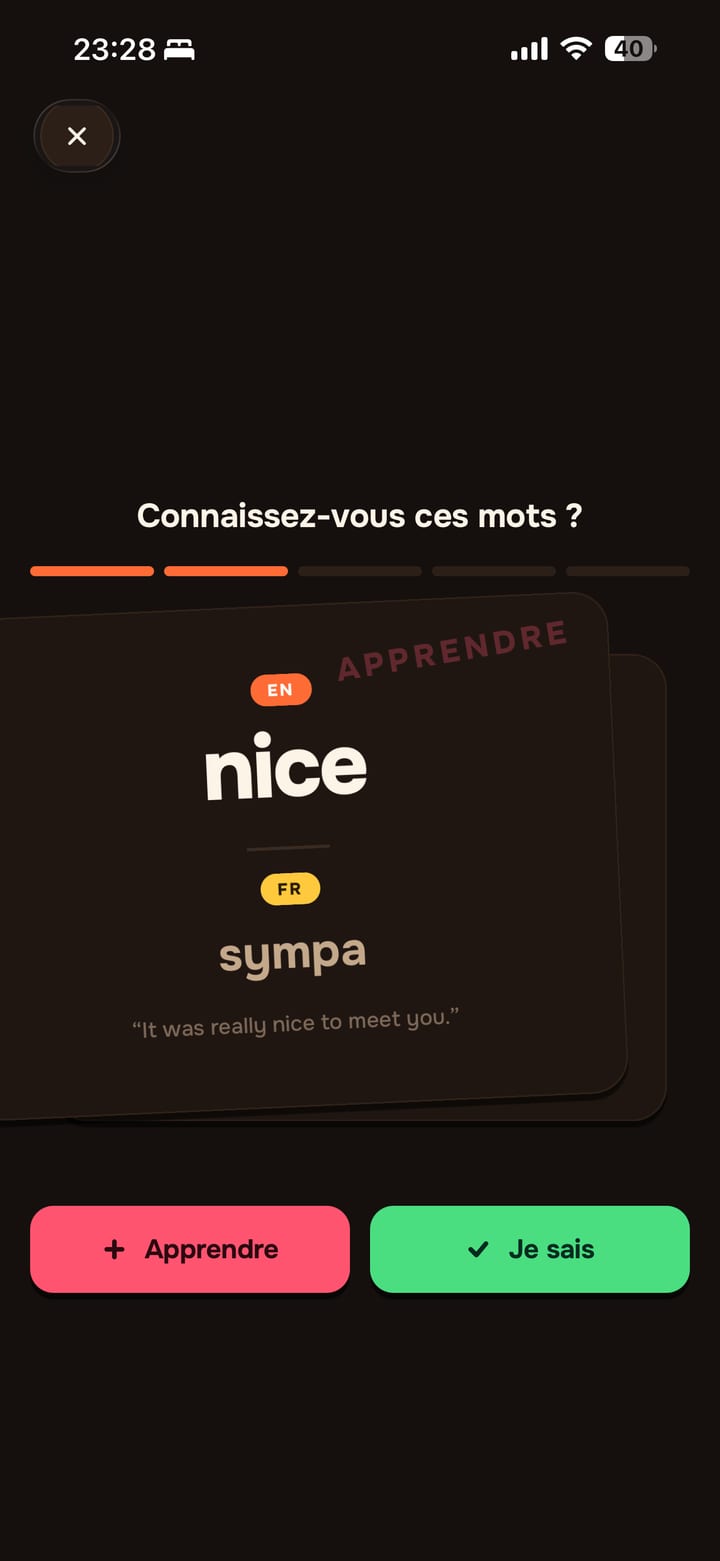 Carte de mot dans Lingavela : « Connaissez-vous ces mots ? », avec Apprendre et Je sais
