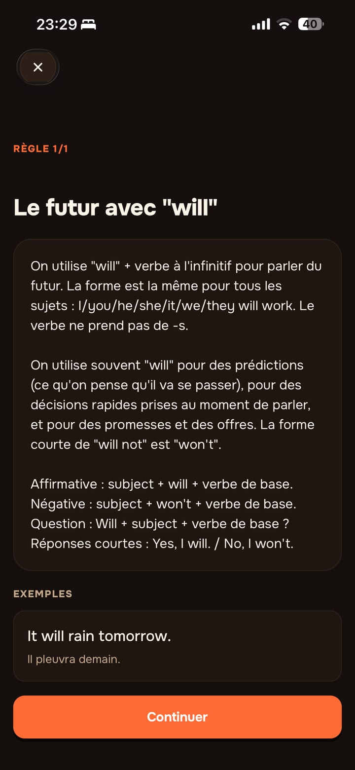 Leçon de grammaire dans Lingavela : la règle expliquée, avec des exercices