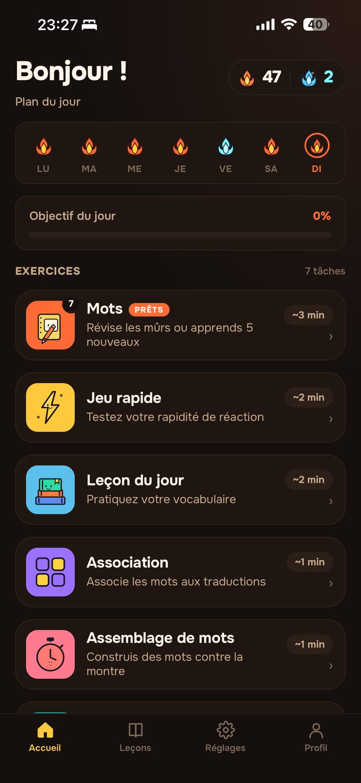 Écran d’accueil de Lingavela : le plan du jour, la série et les exercices