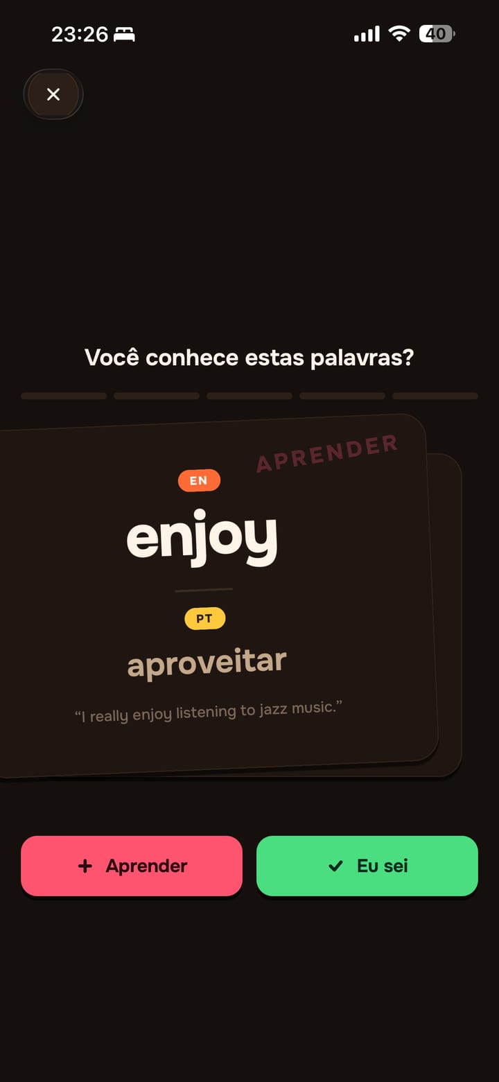 Cartão de palavra no Lingavela: «Você conhece estas palavras?», com Aprender e Eu sei