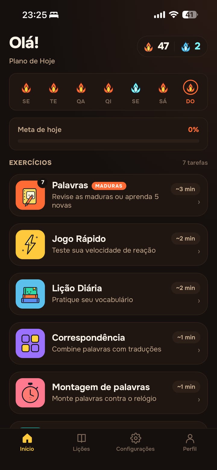 Tela inicial do Lingavela: o plano de hoje, a ofensiva e os exercícios do dia