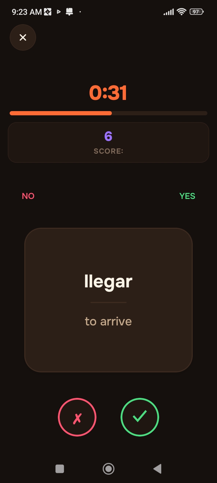 Lingavela 60-second speed game — swipe yes or no as fast as you can